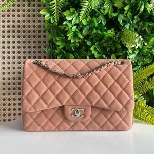 100% authentic CHANEL jumbo tan camel nubuck suede caviar silver hardware